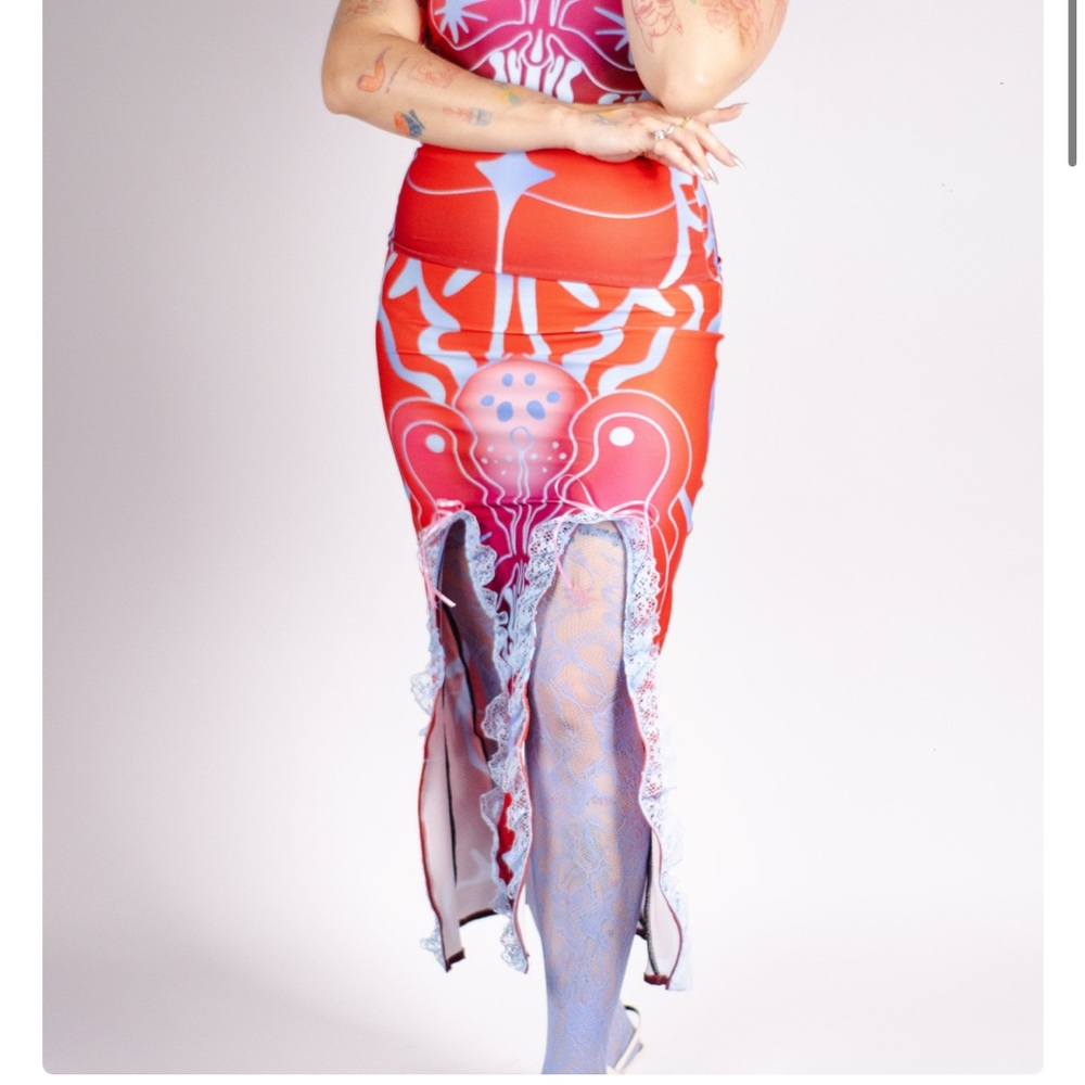 Cosmic Factory Handmade Vibrant Red Pink Skirt Lace Details Open Heart Slit Midi